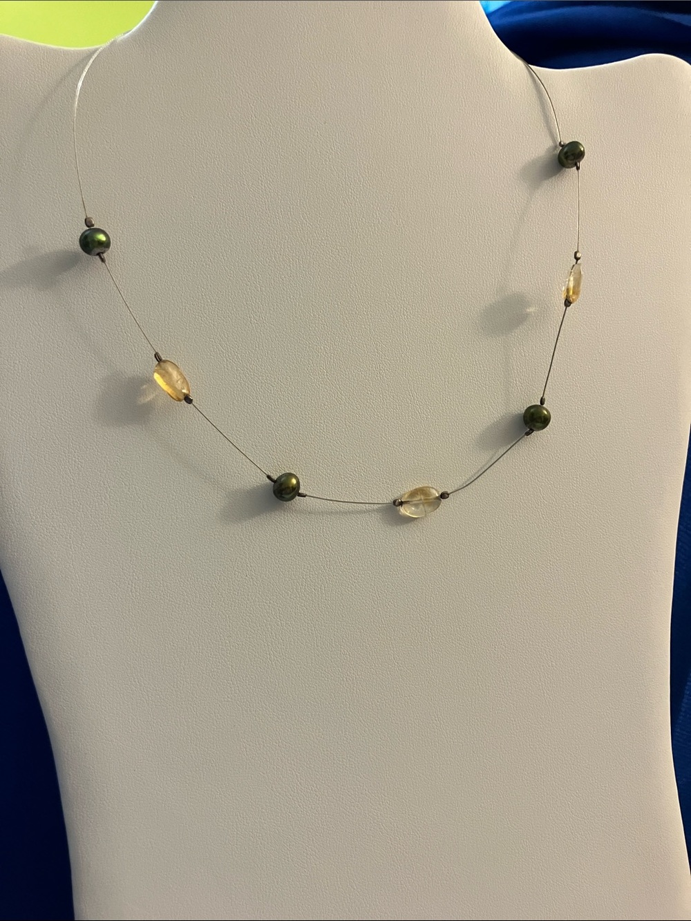 Delicate Olive Green and Amber Bead Station Necklace